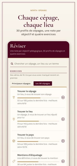 Réviser : une note pour chaque objectif d'apprentissage, trente profils de cépages et quatre exercices