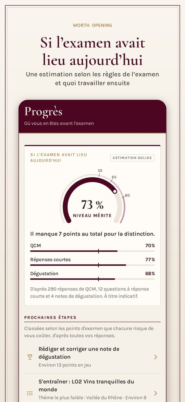 Worth Opening: WSET Level 3. La progression : une estimation de la note si l'examen avait lieu aujourd'hui et ce qu'il reste à travailler