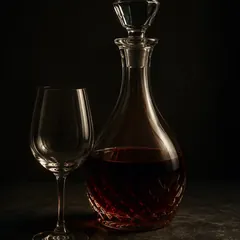 Una jarra de cristal con vino tinto a contraluz sobre una superficie oscura