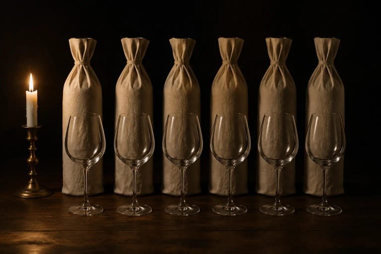 Six bottles bagged for a blind tasting, glasses set in front, lit by candles