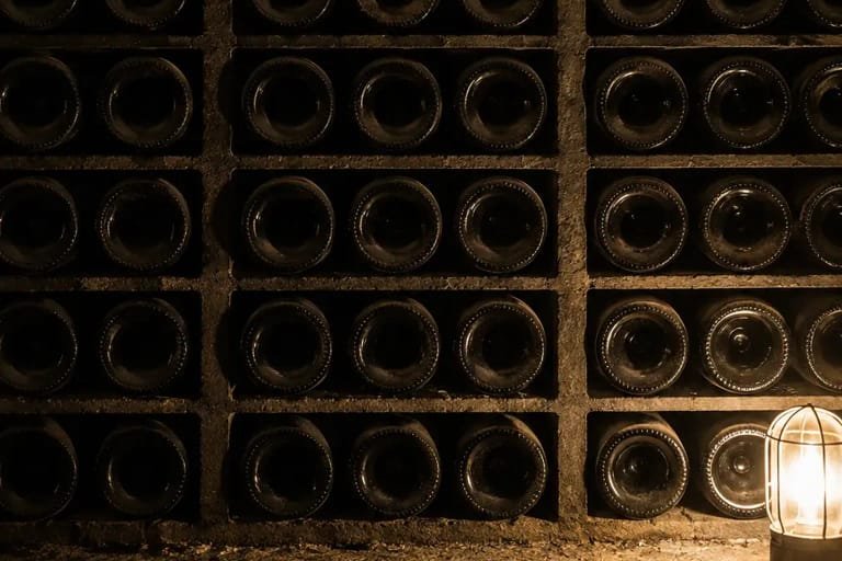 Bottles resting punt-out in a limestone cellar rack, lit by a lantern