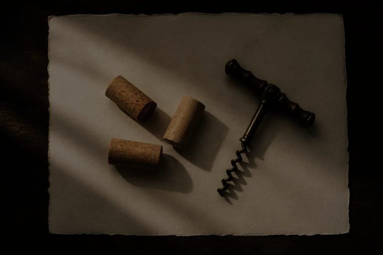 Three aged corks and a brass corkscrew on cream paper