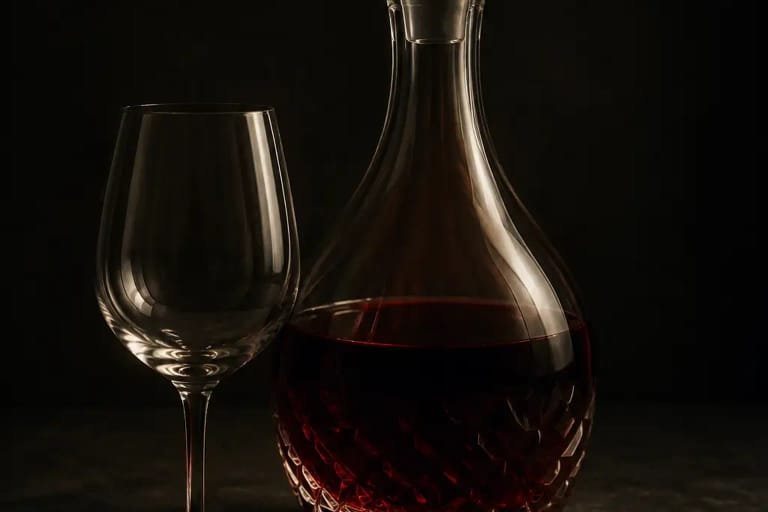 A crystal decanter of red wine and an empty glass, backlit on a dark surface