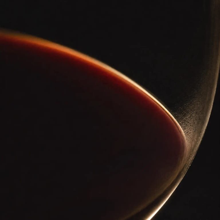 Close view of the rim of a glass of mature red wine against a dark background