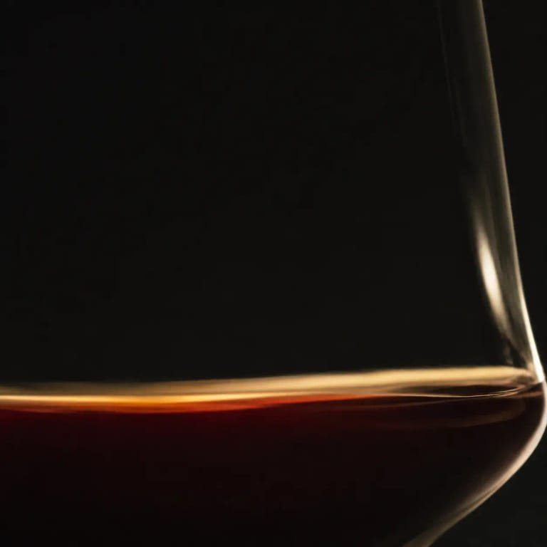 Vista cercana de vino tinto en una copa, granate en el centro y ámbar en el borde
