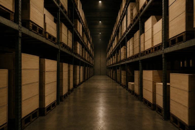 Steel racking with wooden wine cases in a temperature-controlled warehouse