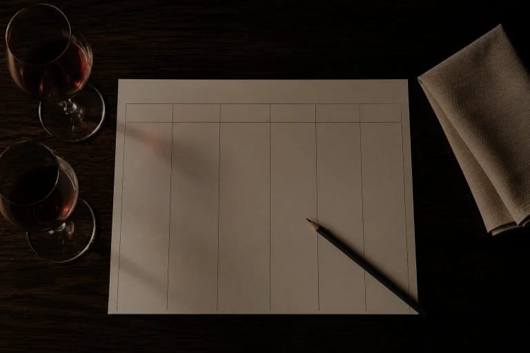 A blank ruled sheet, a pencil and two glasses of red wine on a dark table