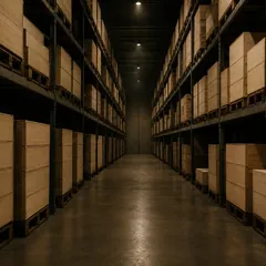 Estanterías de acero en un almacén de vino con temperatura controlada