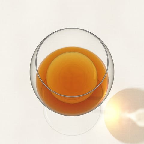A glass of amber Amontillado Sherry, seen from above on a linen cloth
