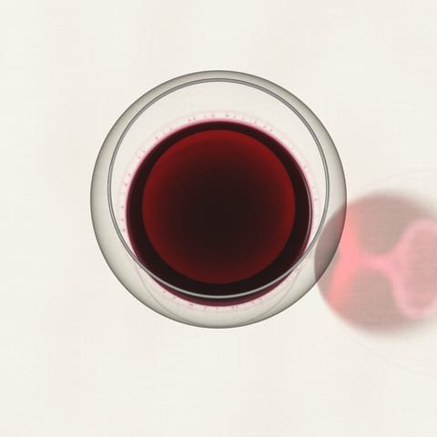 A glass half-filled with red wine, seen from directly above on a linen cloth