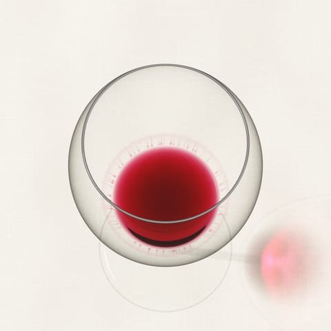 The last small pool of red wine in a glass, seen from above on linen