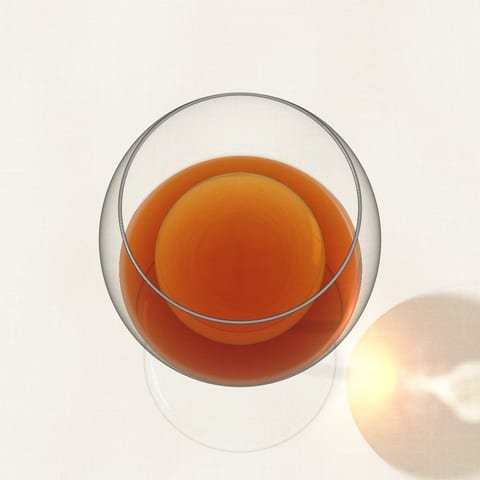 Oxidised white wine, deep gold and brown, in a glass on linen, seen from above