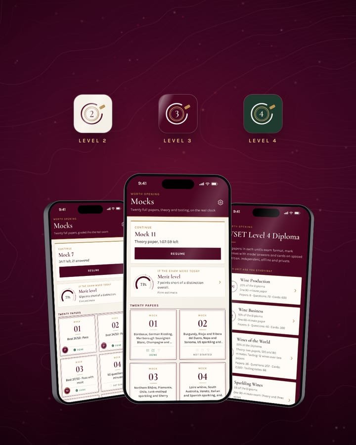 A 30-second film of the three apps, Level 2, Level 3 and Level 4, with their own screens: mock exams on the real clock, answers explained, marking point by point, blind tastings and a grade estimate.